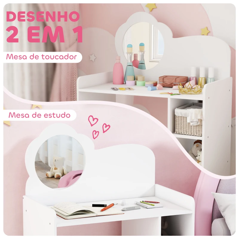 AIYAPLAY Toucador para Crianças com Banco e Espelho em Forma de Flor com Compartimentos Abertos 70x39x92,5 cm Branco
