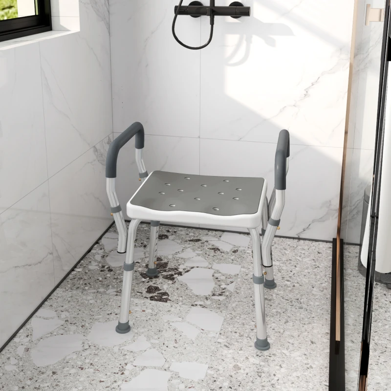 HOMCOM Sgabello per Doccia Regolabile con Braccioli e Fori di Drenaggio in Alluminio, 52x45x57-69 cm, Grigio