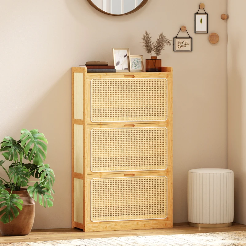 HOMCOM Meuble à chaussures 14 paires, armoire à chaussures 3 tiroirs rabattables, étagères réglables 69x29x119,8cm bois naturel