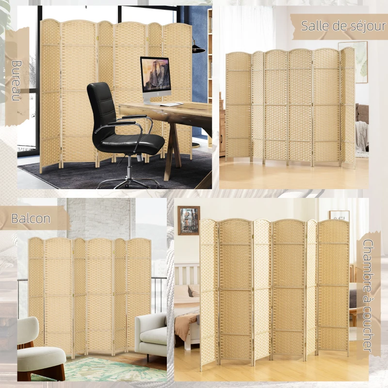 HOMCOM Paravent interieur en bois 6 panneaux 240 x 170 cm séparateur de pièce pliable pour salon, chambre à coucher, naturel