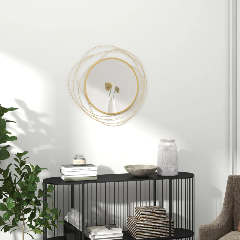 HOMCOM Oglindă decorativă modernă și rotundă de perete cu cârlige, din sticlă și metal, Ø65x1 cm, auriu