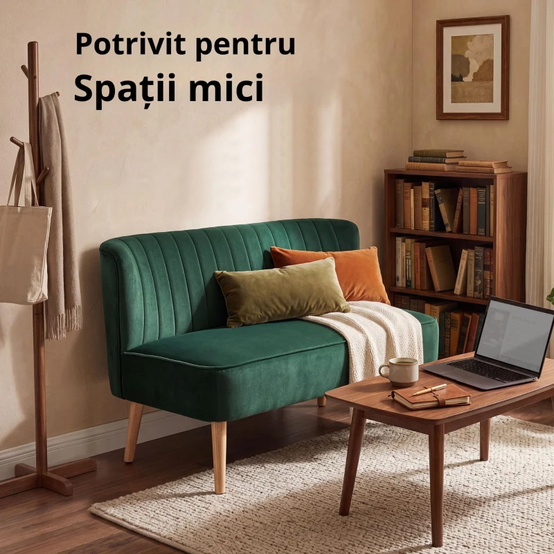 HOMCOM Canapea design retro 2 locuri, picioare din lemn, 117 cm x 56,5 cm x 77 cm, Verde închis