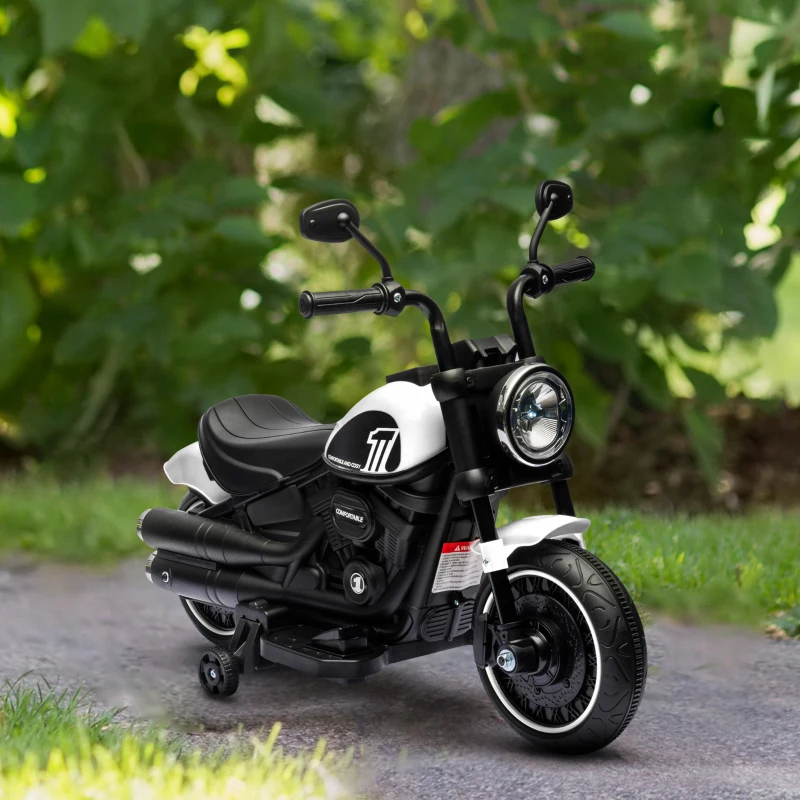HOMCOM Motocicleta Elétrica para Crianças de 18-36 Meses com Bateria 6V Farol e Rodas Auxiliares Removíveis 76x42x57 cm Branca