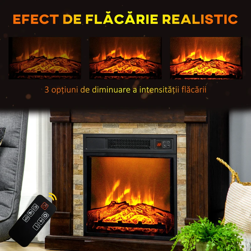 HOMCOM Șemineu Electric de Podea cu Temporizator, Flacără și Temperatură Reglabilă, 80x21,6x67,8 cm, Maro