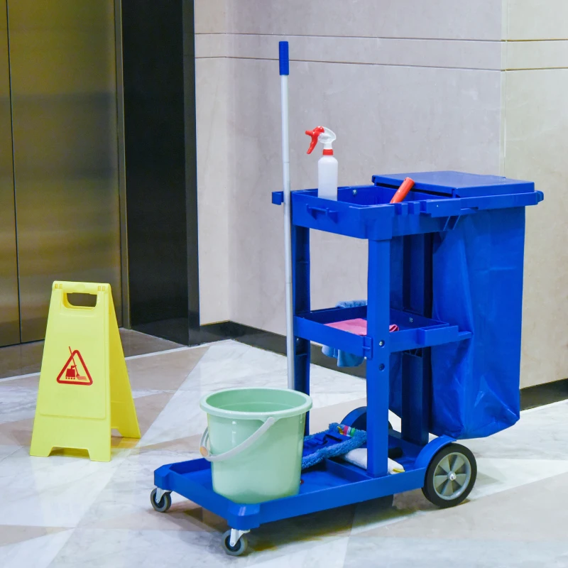 HOMCOM Janitor Cleaning Trolley, with Bin, Shelves and Hooks - Blue