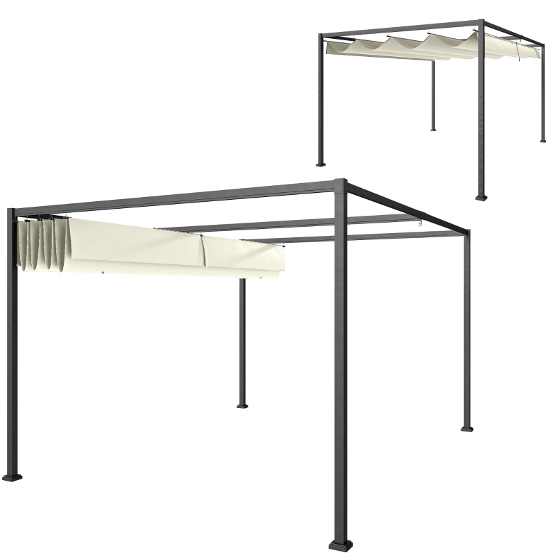 Outsunny 4 x 3(m) Metal Pergola with Retractable Roof, Garden Gazebo Canopy Shelter for Outdoor, Patio, Cream White