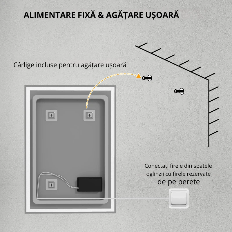 HOMCOM Oglindă de baie Oglindă de perete cu LED-uri. Comutator tactil, Alb