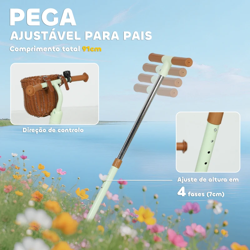 AIYAPLAY Triciclo para Bebés 2 em 1 Triciclo Evolutivo para Crianças com Barra Parental Ajustável Apoio para Pés Rebatível e Cesto 93,5x47x96 cm Verde