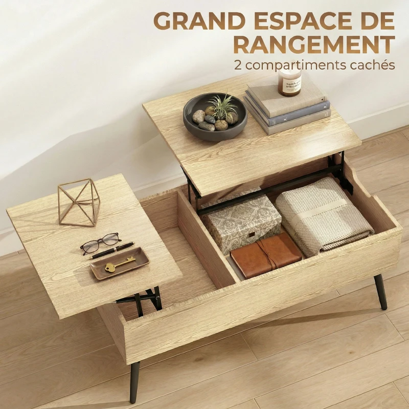 HOMCOM Table basse relevable avec double plateau, table de salon avec compartiment caché et pieds en métal, bois naturel