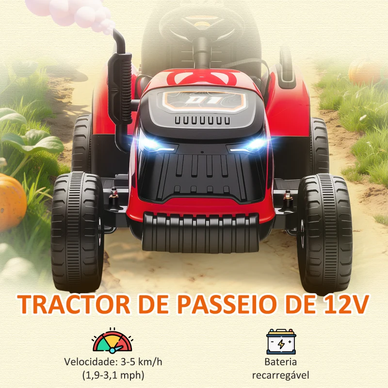 AIYAPLAY Trator Elétrico para Crianças com Reboque Desmontável Bateria 12V Velocidade 3-5 km/h Controle Remoto 2,4G 139x58x55 cm Vermelho