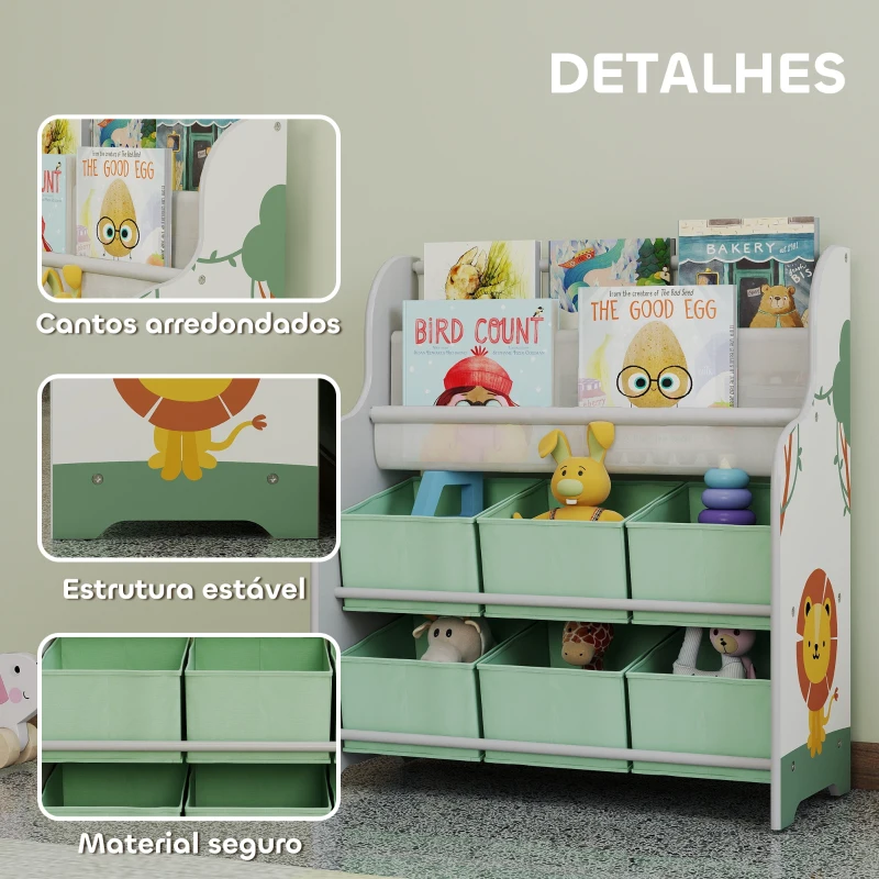 AIYAPLAY Estante Infantil para Brinquedos com 6 Caixas de Tecido Não Tecido Organizador de Brinquedos com 2 Prateleiras 63x30x71 cm Verde