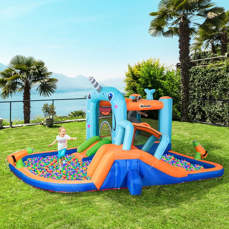 Outsunny Gioco Gonfiabile per Bambini 3-8 Anni con Borsa da Trasporto, 12 Paletti e Toppe Inclusi, 420x370x230 cm