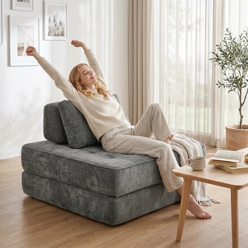 HOMCOM Canapé-lit pliant 2 en 1, chauffeuse 1 place, convertible en chenille, coussin épais, dossier et oreiller, gris