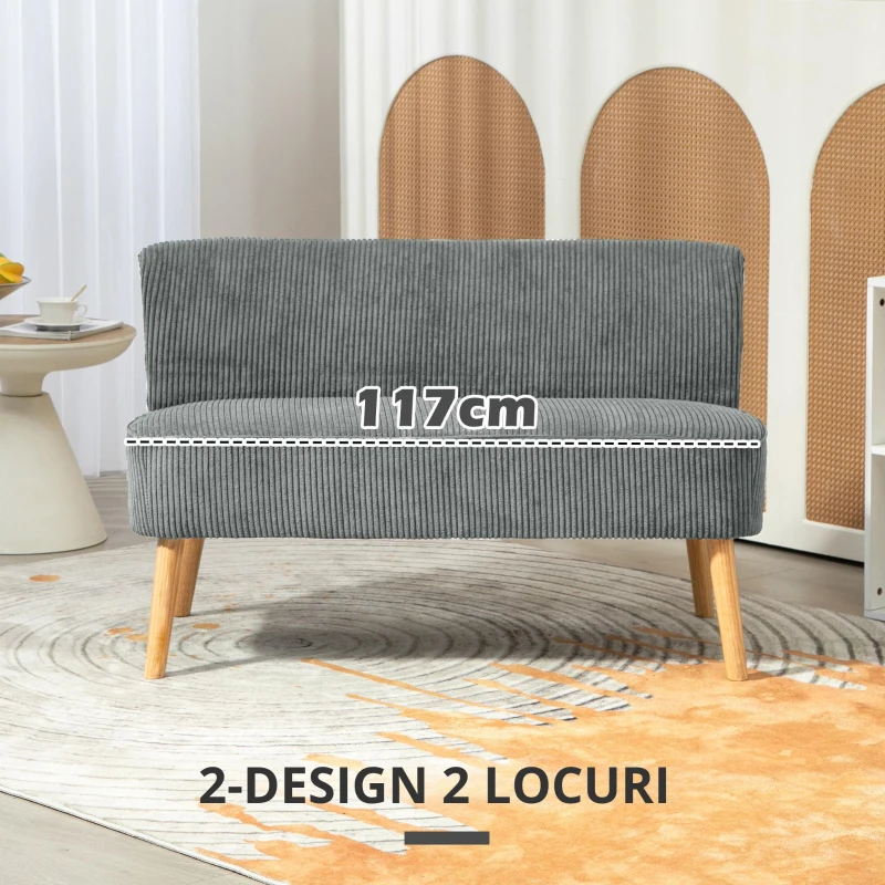 HOMCOM Canapea 2 Locuri Tapițată, Lemn, Poliester Catifelat, Spumă, 117 x 56,5 x 77 cm, Gri
