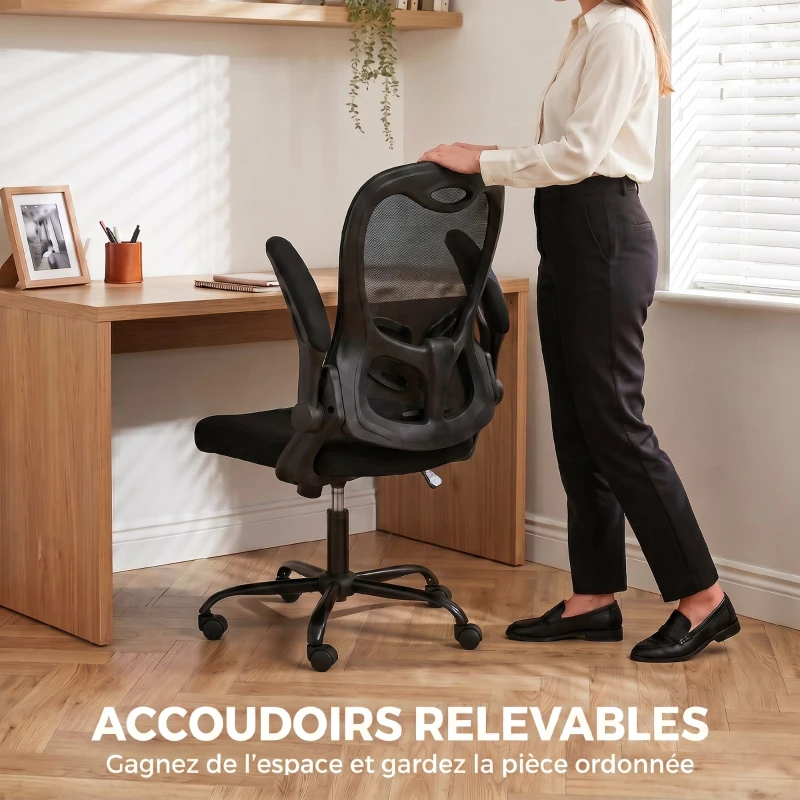 HOMCOM Chaise Bureau Ergonomique, Fauteuil de Bureau Maille, Accoudoirs Relevables, Hauteur Réglable, Fonction Bascule, Noir