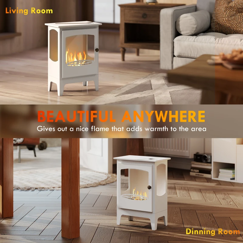 HOMCOM Freestanding Ethanol Fireplace, Steel Bioethanol Fireplace with Stainless Steel Flame Snuffer, 0.9L Tank, 3 Hours Burning Time for Indoor, White