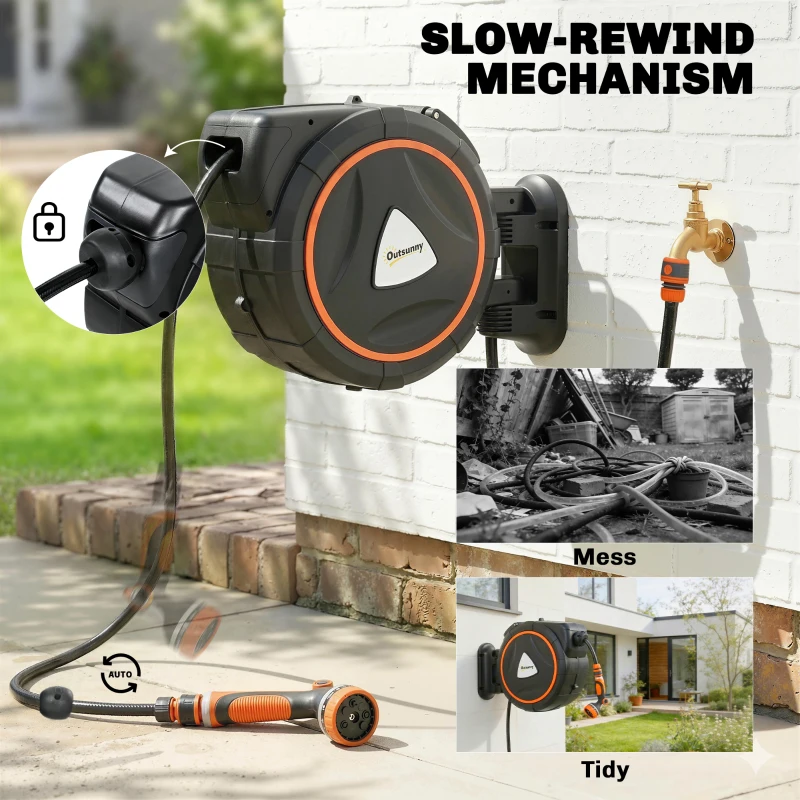 Outsunny 25m Retractable Hose Reel Wall Mounted with Auto Retraction, Self-Locking, Slow Return System, 12-Pattern Nozzles