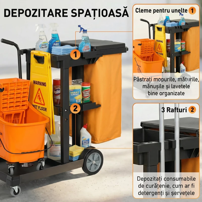 HOMCOM Cărucior multifuncțional cu sac pentru curățenie