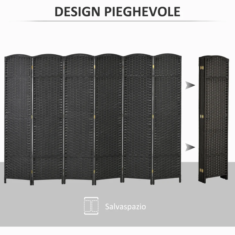 HOMCOM Paravento Divisorio da Interni Pieghevole a 6 Ante Intrecciato, 240x170 cm, Nero