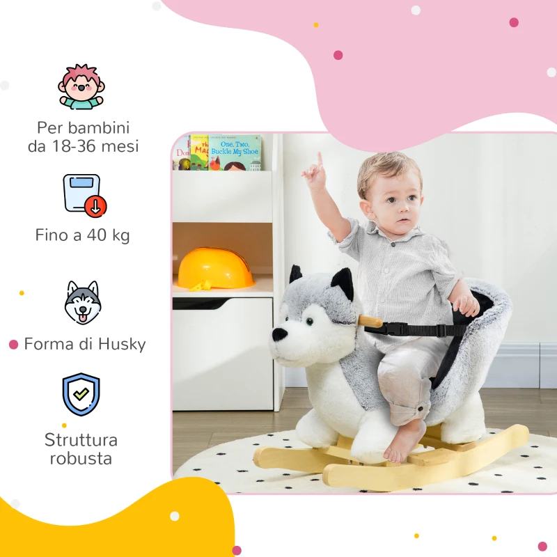 HOMCOM Cavallo a Dondolo a Forma di Cane Husky per Bambini da 18-36 Mesi, 60x33x50cm, Grigio