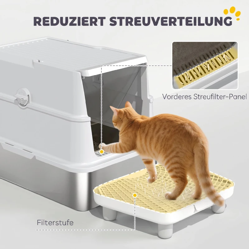 PawHut Katzentoilette, Edelstahl, XL-Innenraum, mit Schaufel, Hellgrau