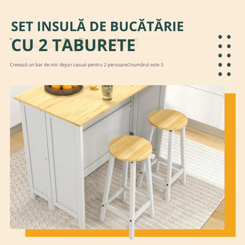 HOMCOM, Insulă de bucătărie cu 2 taburete, blat de lucru rabatabil, 2 dulapuri cu 4 uși, design modern, alb