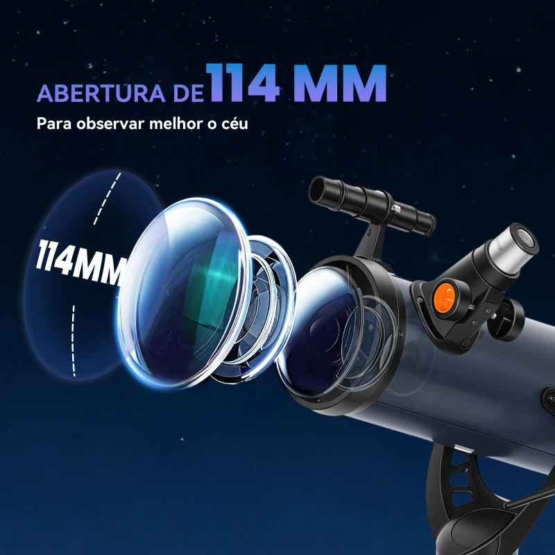 Outsunny Telescópio Refletor Abertura de 114 mm 16X-120X, 470 mm com Lente Barlow Tripé Ajustável 86x86x145 cm Azul Escuro e Preto