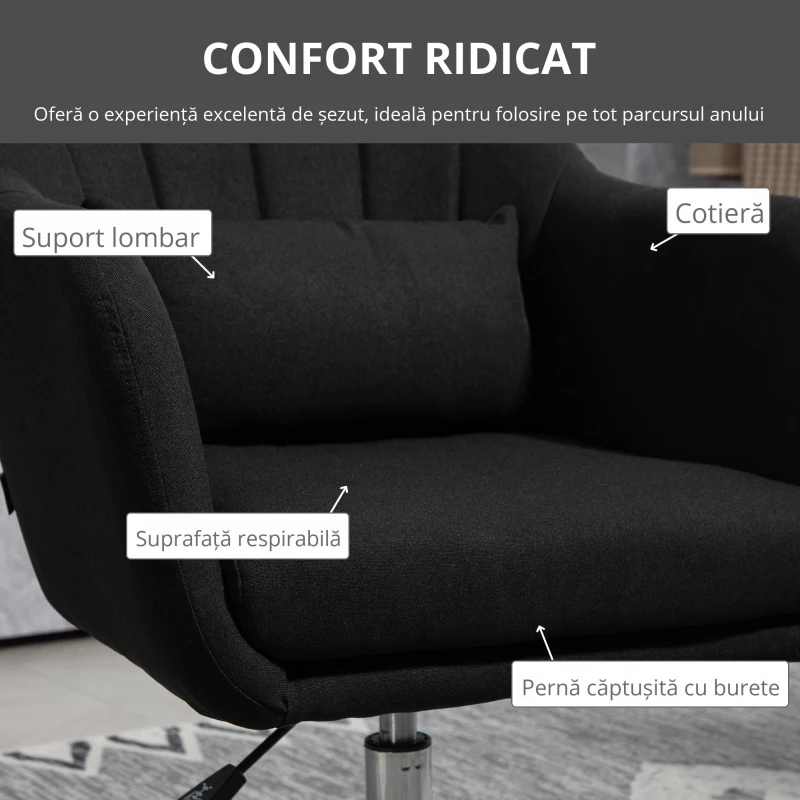 HOMCOM Fotoliu rotativ, fotoliu de birou reglabil pe înălțime, material textil de in, metal, 60 x 60 x 79-91 cm, Negru