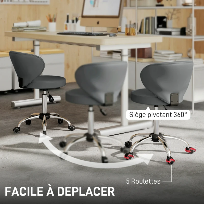 HOMCOM Tabouret à roulettes, tabouret de massage en PU avec hauteur réglable 73-88 cm et dossier, pivotant 360°, gris