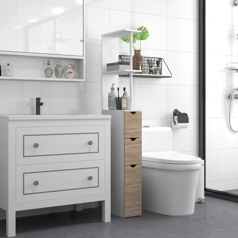 HOMCOM Mobile Colonna Bagno Salvaspazio con Armadietto, Ripiani e Cassetti, 15x33x136.8 cm, Colore Legno