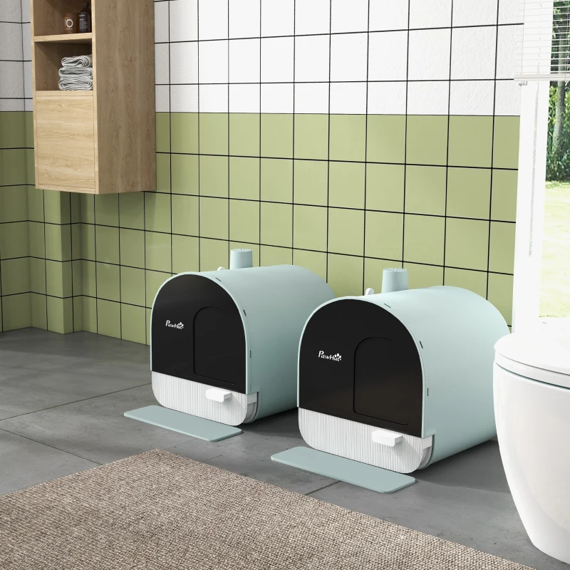 PawHut Lot de 2 bacs à litière pour chat avec porte battante, pelle et filtre inclus dim. 43L x 44l x 47H cm