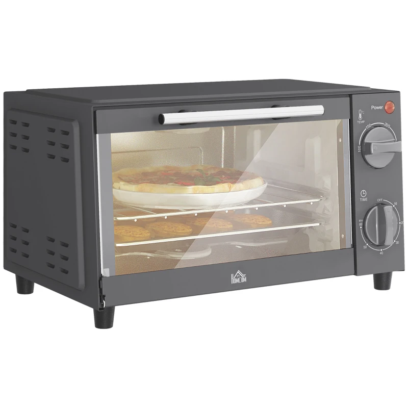 HOMCOM Mini Oven, 9L Countertop Electric Grill, Toaster Oven with Adjustable Temperature, Timer, Dishwasher Safe Baking Tray and Wire Rack, 750W, Grey