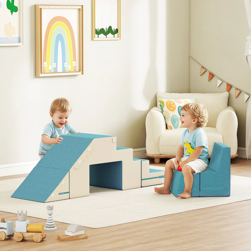 AIYAPLAY 2-delige set zachte speelblokken voor kleintjes, kunstleer, schuim, voor klimmen, bouwen, spelen, Beige+Blauw(m-2)