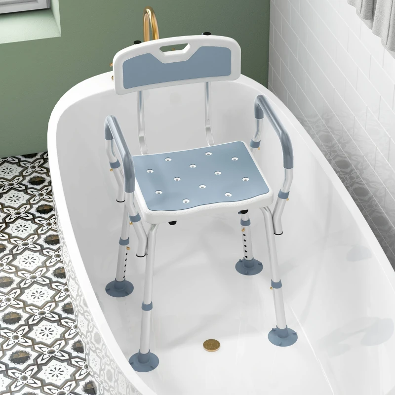 HOMCOM Tabouret de douche chaise de douche ergonomique hauteur réglable pieds antidérapants 56,5 x 53,5 x 87 cm blanc et bleu