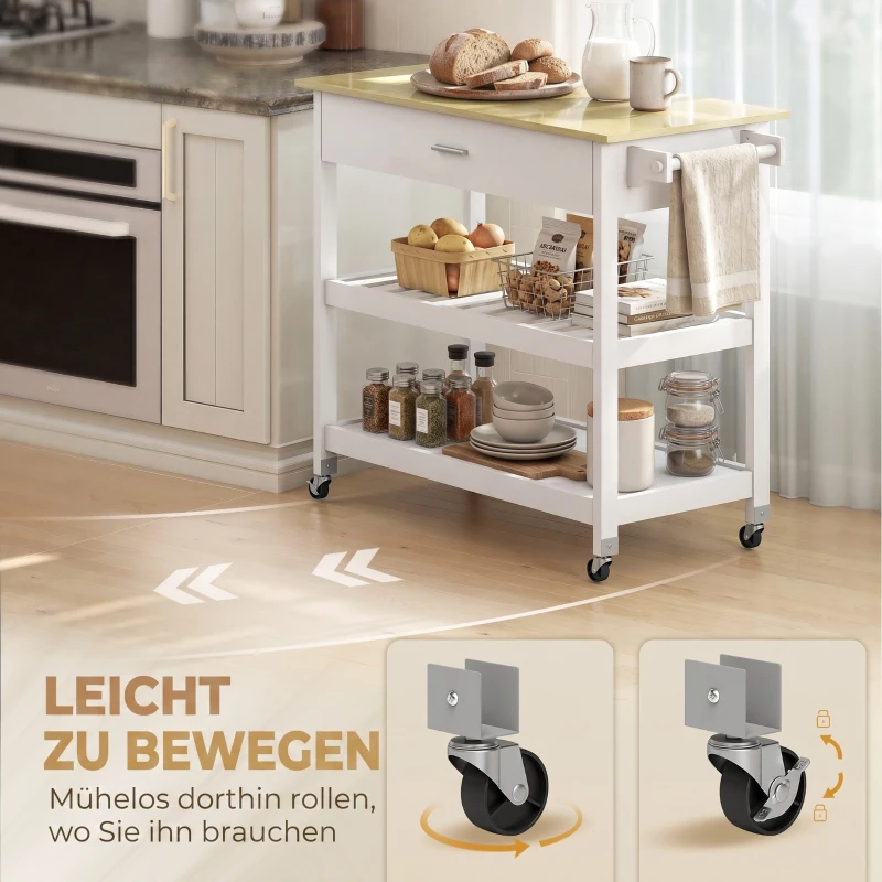 HOMCOM Küchenwagen mit Stauraum, Rollende Kücheninsel mit großer Arbeitsplatte, Schublade, 2 offenen Regalen, Handtuchhalter, Weiß