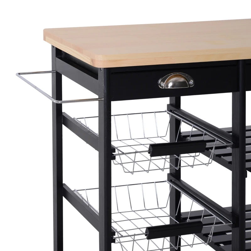 HOMCOM Carrello da Cucina Multiuso in Legno di Pino 74 x 37 x 75cm Nero