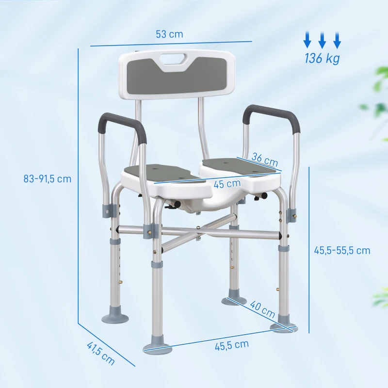 HOMCOM Cadeira de Duche com Abertura em U, Altura Regulável, Antiderrapante, com Encosto e Apoios de Braços, até 136 kg, Cinzento