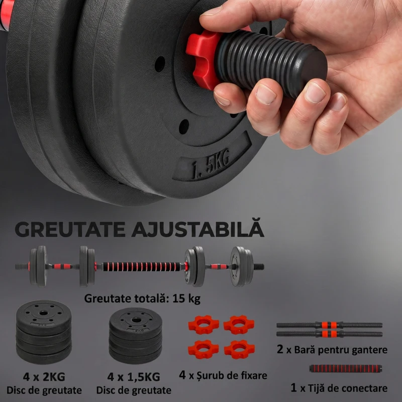 HOMCOM Set 2 gantere antiderapante cu 8 discuri de greutăți, 15 kg total, și conector, din oțel, HDPE și nisip, negru