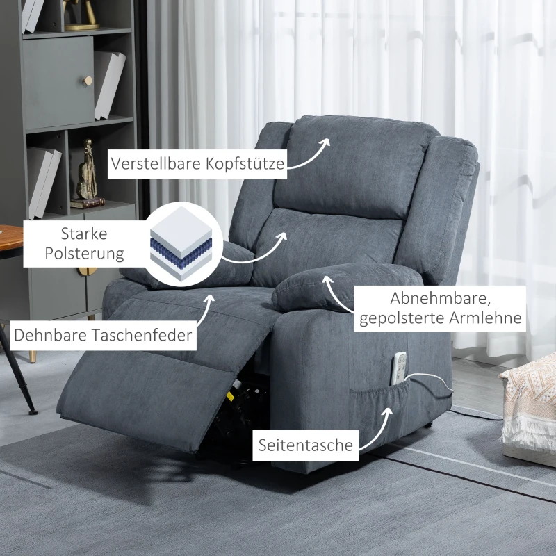 HOMCOM Sta-op stoel, Relaxstoel, met ligfunctie, afstandsbediening, fluweeloptiek, grijs, 92 x 93 x 105 cm