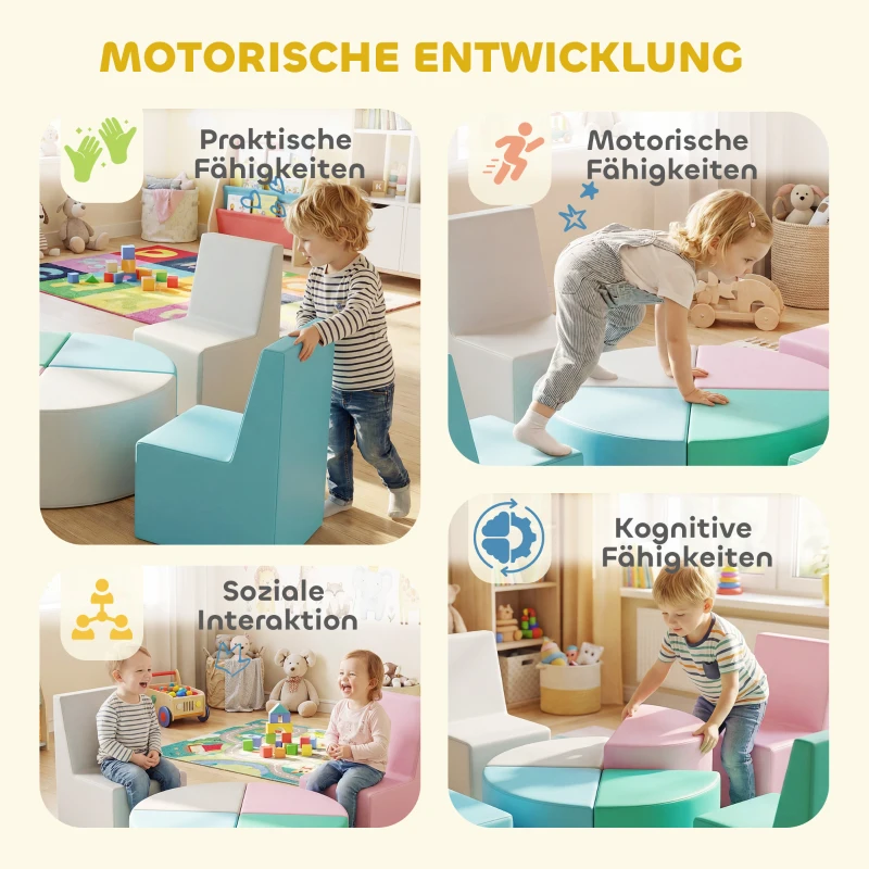 AIYAPLAY 8-delige Schuimblokken Kinderen Zachte Bouwstenen met Tafel- en Krukontwerp Klimmen Bouwblokken van PU Meerkleurig