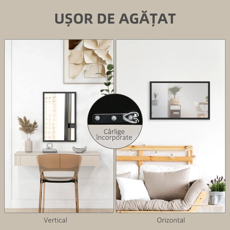 HOMCOM Oglindă de Perete Dreptunghiulară cu Agățători, din Sticlă și MDF, 40x60 cm, Negru
