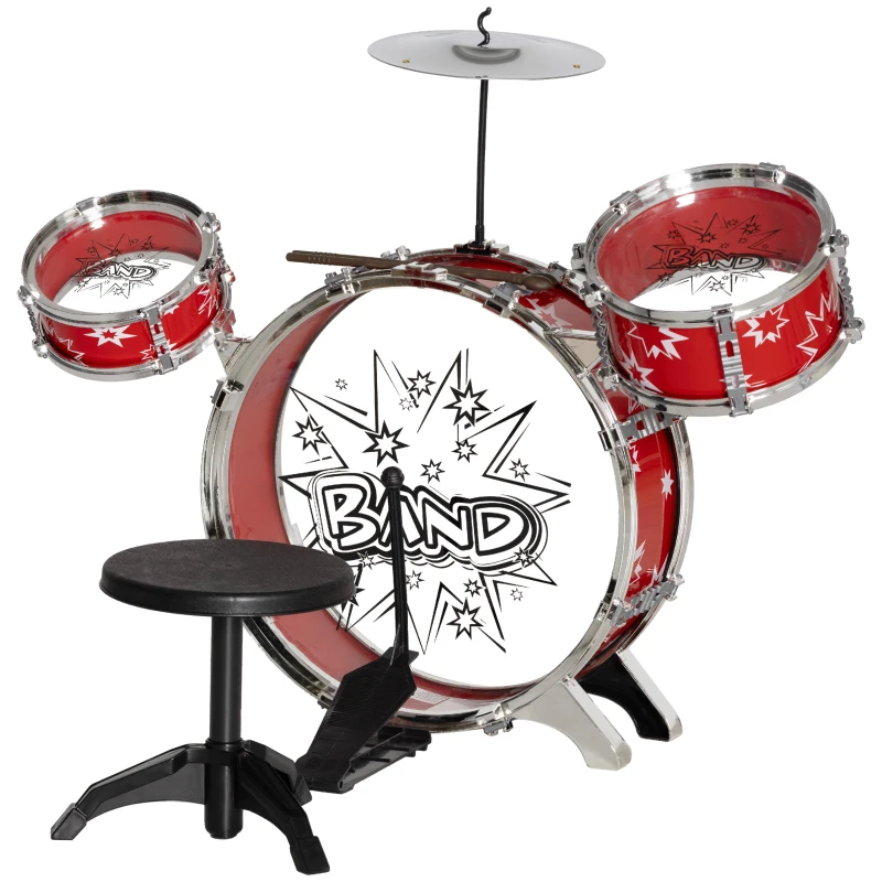 AIYAPLAY Batteria per Bambini 3-6 Anni a 7 Pezzi con Sgabello e Bacchette, in Plastica e Metallo, 72x29x56 cm, Rosso