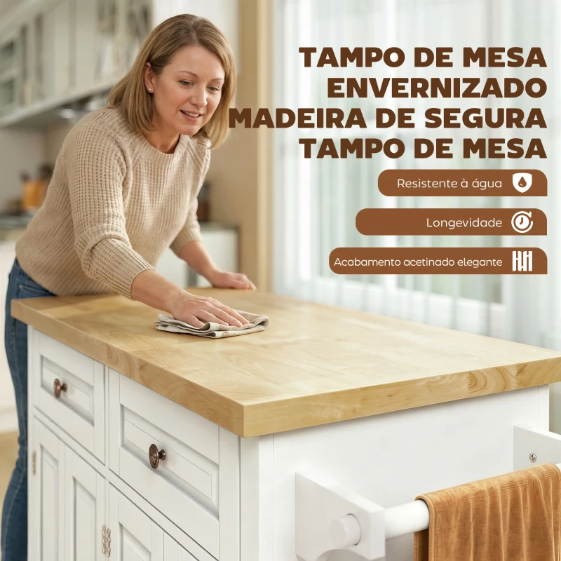 HOMCOM Ilha de Cozinha com Rodas 2 Gavetas 4 Portas Suporte para Temperos e Barra Lateral 111x44,5x82,5cm Branco e Madeira