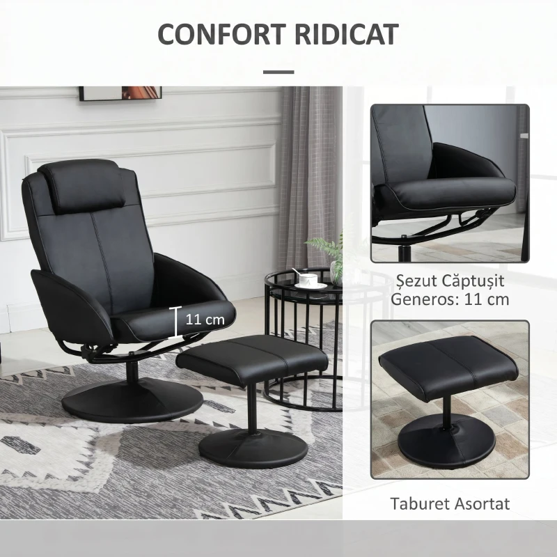 HOMCOM Fotoliu Reclinabil Relax cu Taburet pentru Picioare Asortat și Tapițerie din Piele Sintetică, Negru