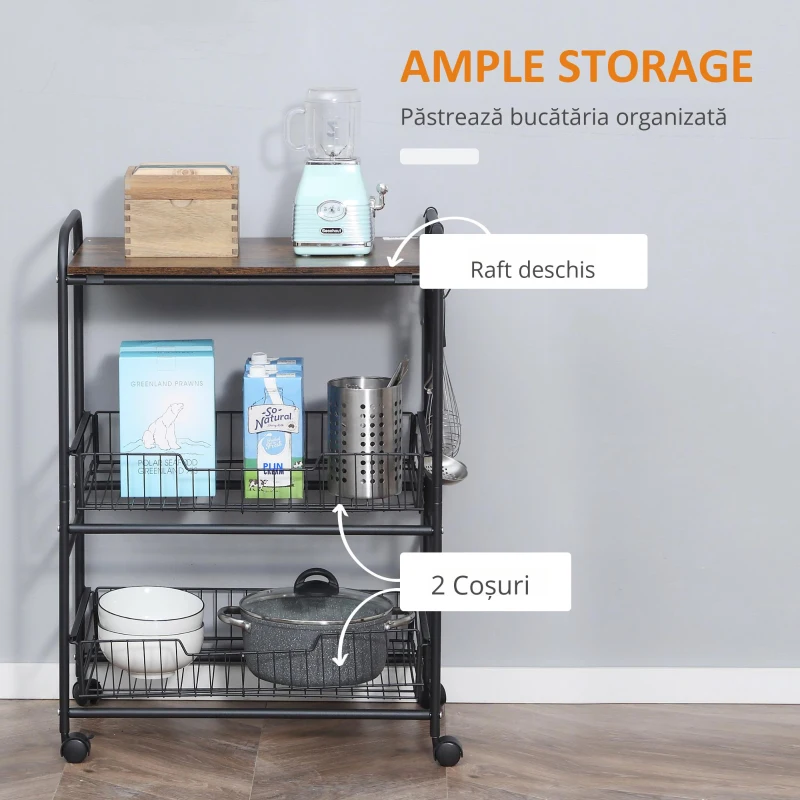 HOMCOM Cărucior Auxiliar cu Roți de 3 Nivele Cărucior de Bucătărie cu 2 Coșuri și 4 Cârlige 60x38x85,5 cm Maro Rustic