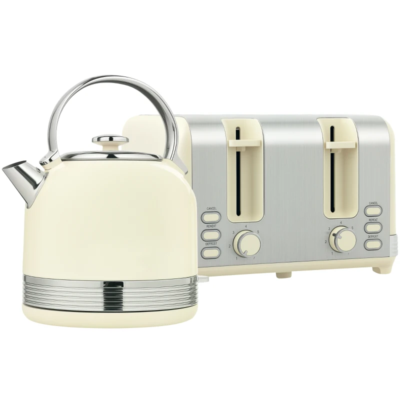 HOMCOM Ensemble bouilloire grille-pain, bouilloire en acier inoxydable 1,7 L et 2200 W et grille-pain à 4 tranches, crème