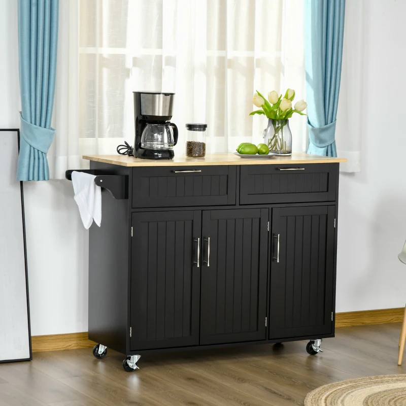 HOMCOM Carrello da Cucina in Legno con 2 Cassetti, Armadietto 3 Ante e 4 Ruote, 121x46x91cm, Nero