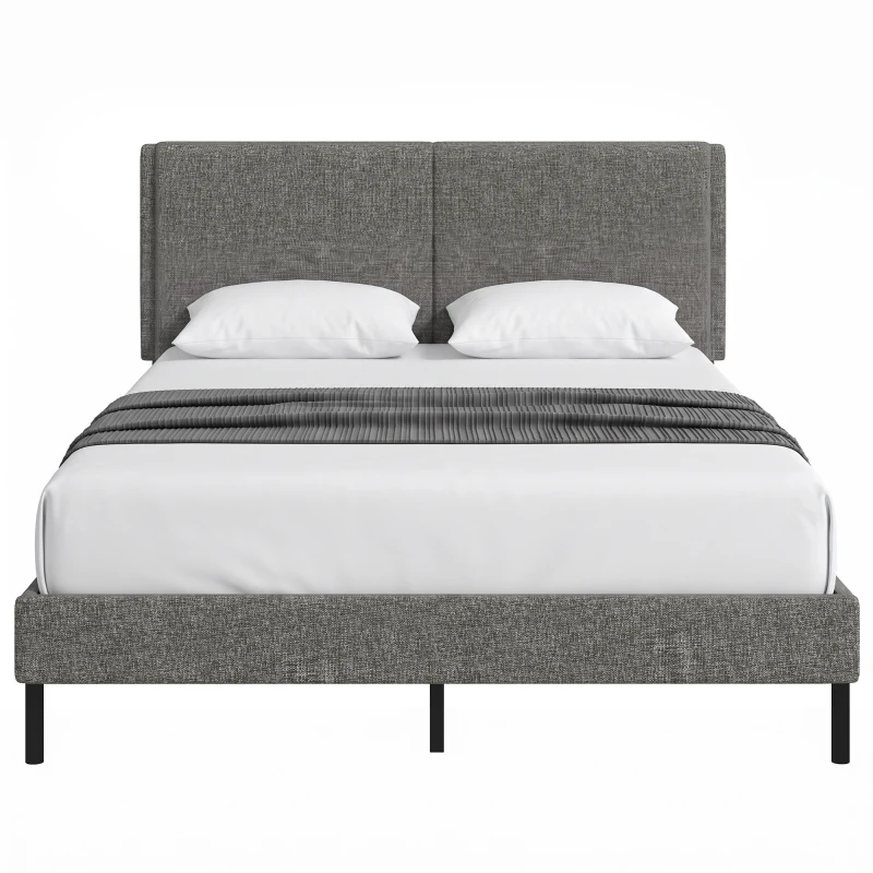 HOMCOM Cadre de Lit 140 x 190 cm avec Sommier et Tête Réglable, Lit Double Rembourré en Lin, Rangement au-dessous, Gris