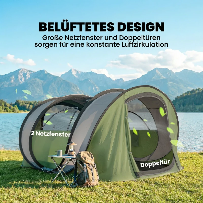 Outsunny Pop Up Zelt 4 Personen Tunnelzelt mit Schlafzimmer 2 Türen 2 Mesh-Fenstern Abnehmbarer Überzug Bodenplane, wasserdicht
