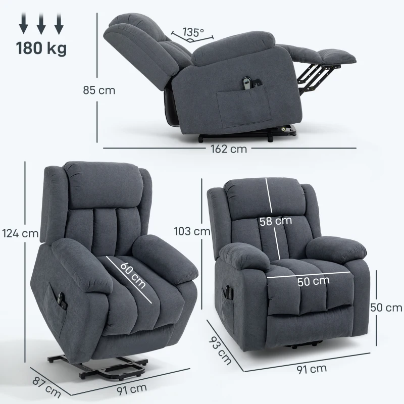 HOMCOM Fernsehsessel mit Aufstehhilfe Elektrisch Relaxsessel mit Liegefunktion, Massagefunktion, 93x91x103 cm, Dunkelgrau